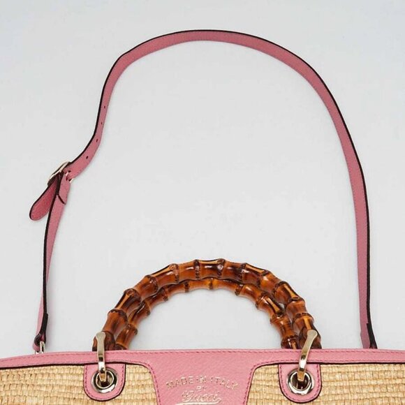 Gucci Natural Woven Straw and Pink Leather Medium Bamboo Shopper Tote Bag - Picture 11 of 12